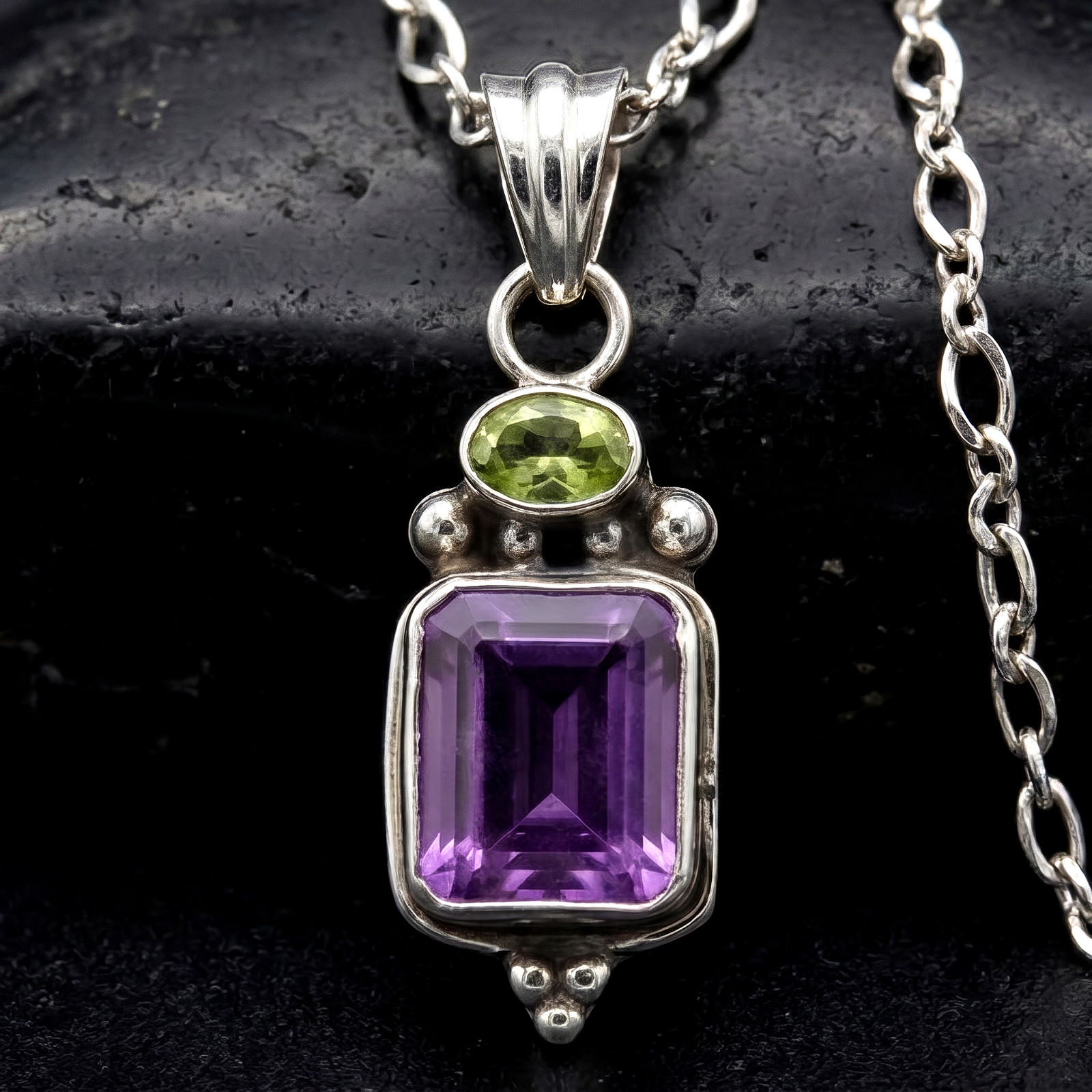 Vintage 925 Sterling Silver Bali Artisan Genuine Amethyst & Peridot Necklace