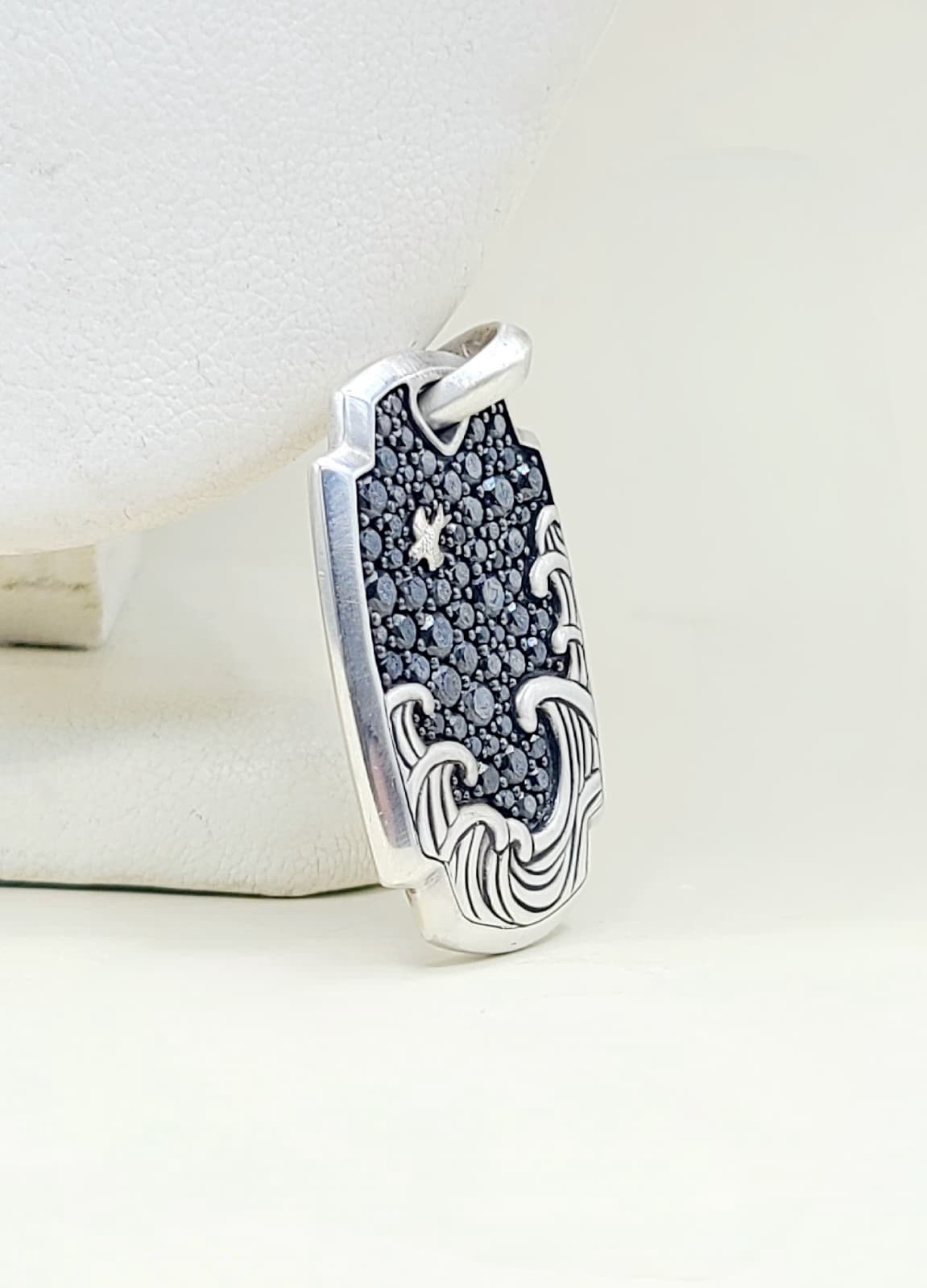 David Yurman Waves Tag Pendant With Pave Black Diamonds In Sterling Silver