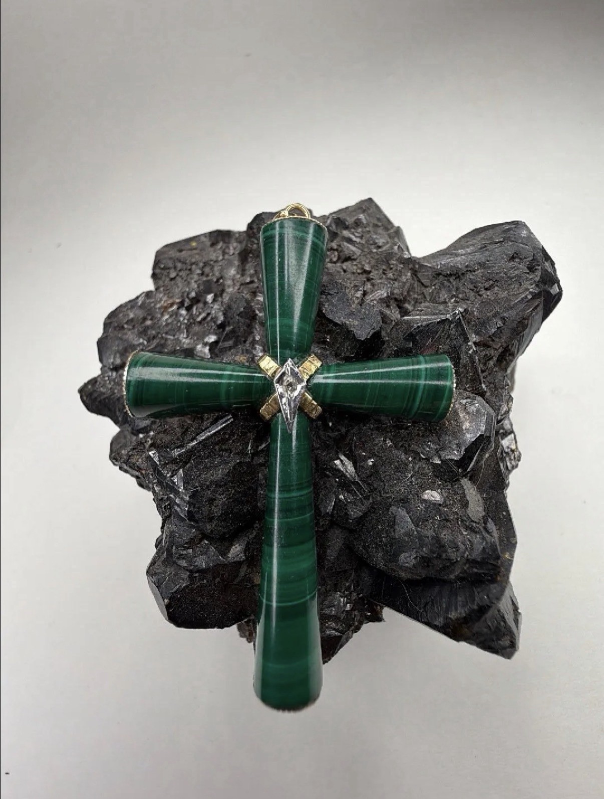 Large Malachite and 14 Kt Yellow Gold Cross Pendant with Diamond detail