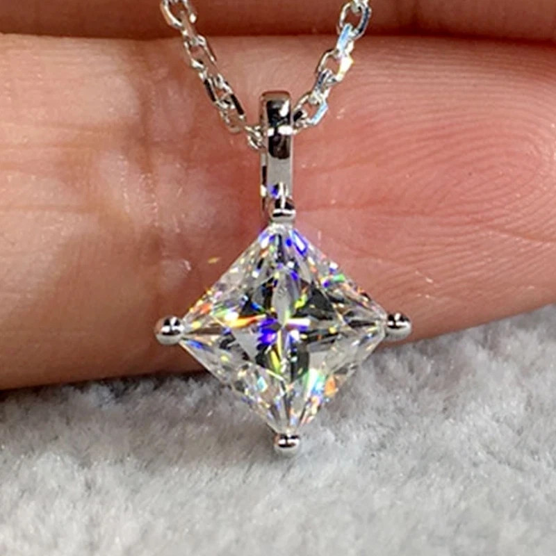 3.00 Ct Princess Cut Real Moissanite Pendant 14k White Gold Plated Free Chain
