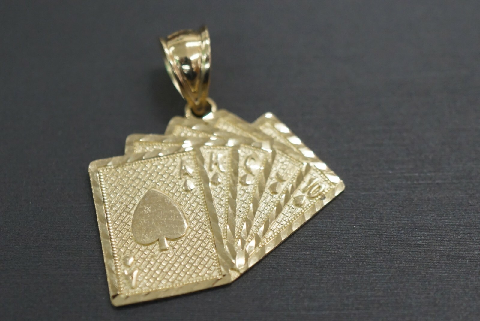 10K Solid Yellow Gold 1″ Royal Flush Poker Cards A K Q J 10 Charm Pendant.