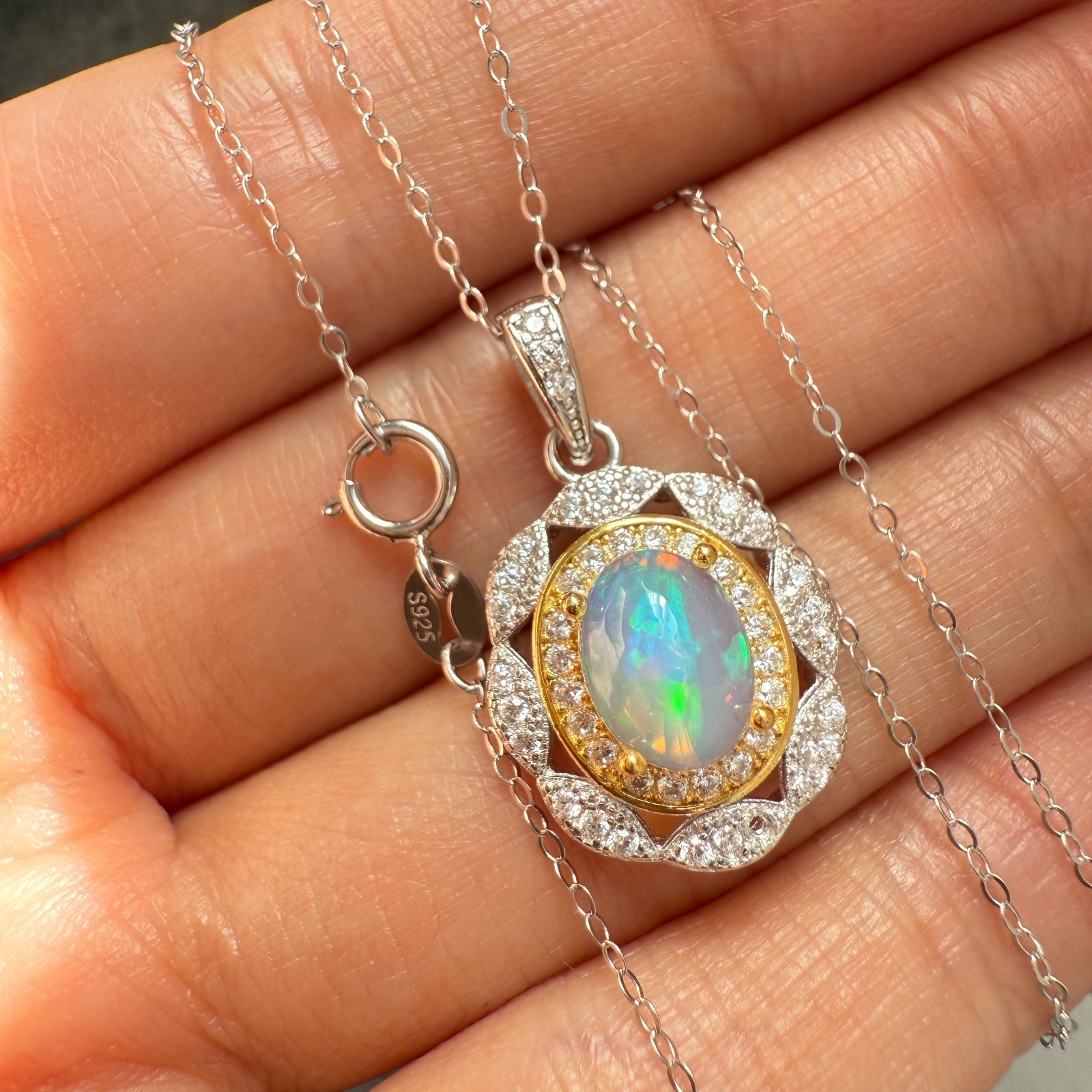 925 Sterling Silver Necklace 8x6mm Natural Opal 14K Gold Plated Flower Chain NEW