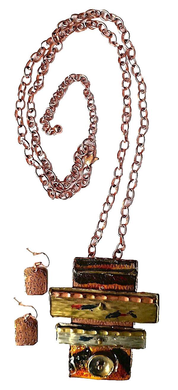 Necklace, Earring Set, Mixed Media Art Pendant, Metal Work, Enamel, 20″ to 30″