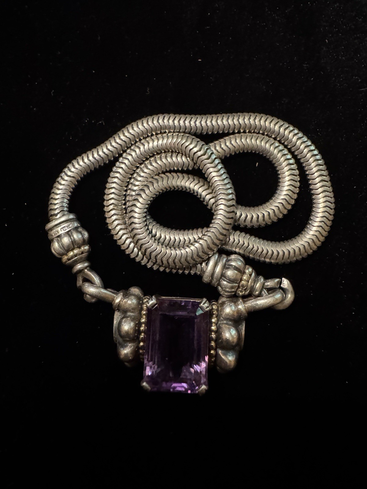 LAGOS Caviar 925 Sterling 18K Gold Amethyst Necklace 51g 16” Vintage