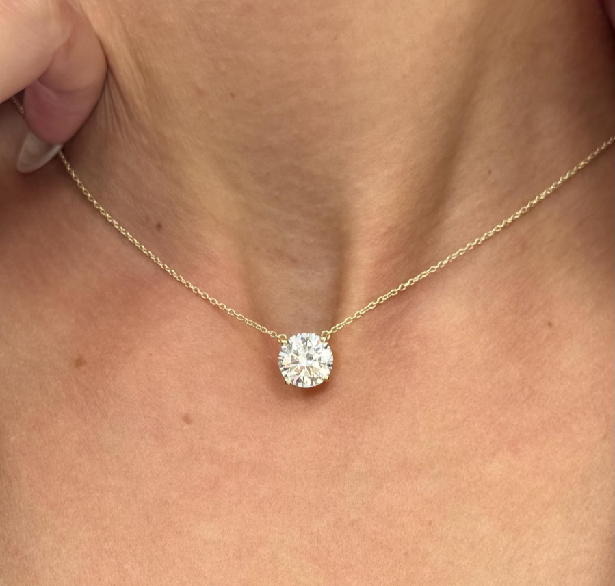 3Ct Round-Cut EF/VS1 Lab Grown Diamond Prong Necklace& Pendant 14k Yellow Gold