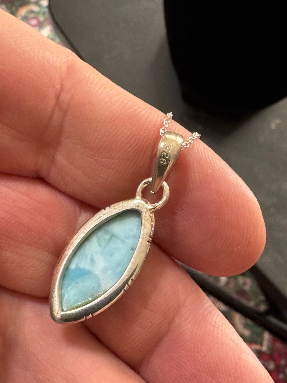 Vintage AV Sterling, silver oblong, unknown, solitary stone (Might be Larimar?)