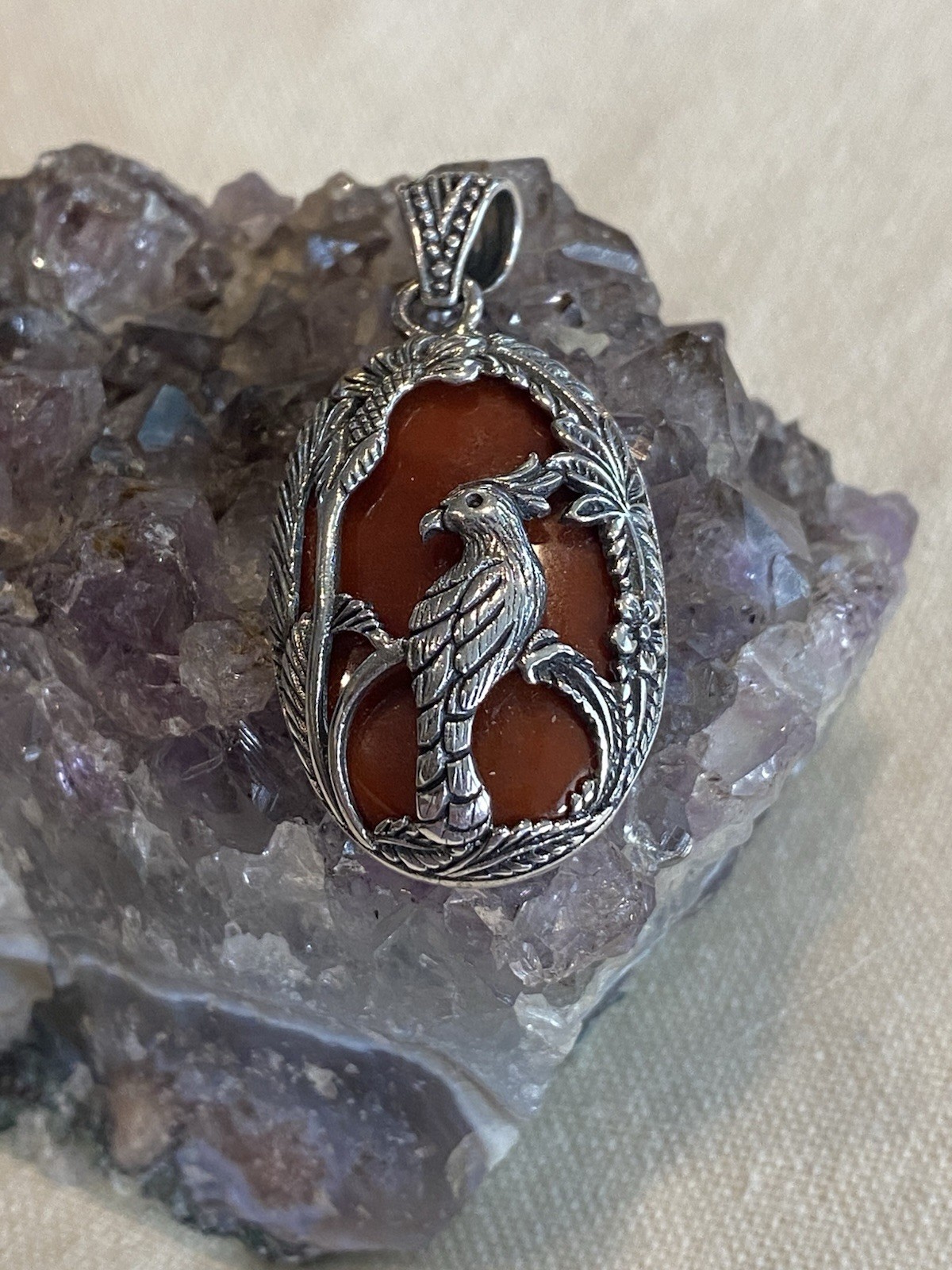 Sterling Silver Pendant Oval Orange-Red Cabochon (Carnelian?) Cockatoo Bird 925