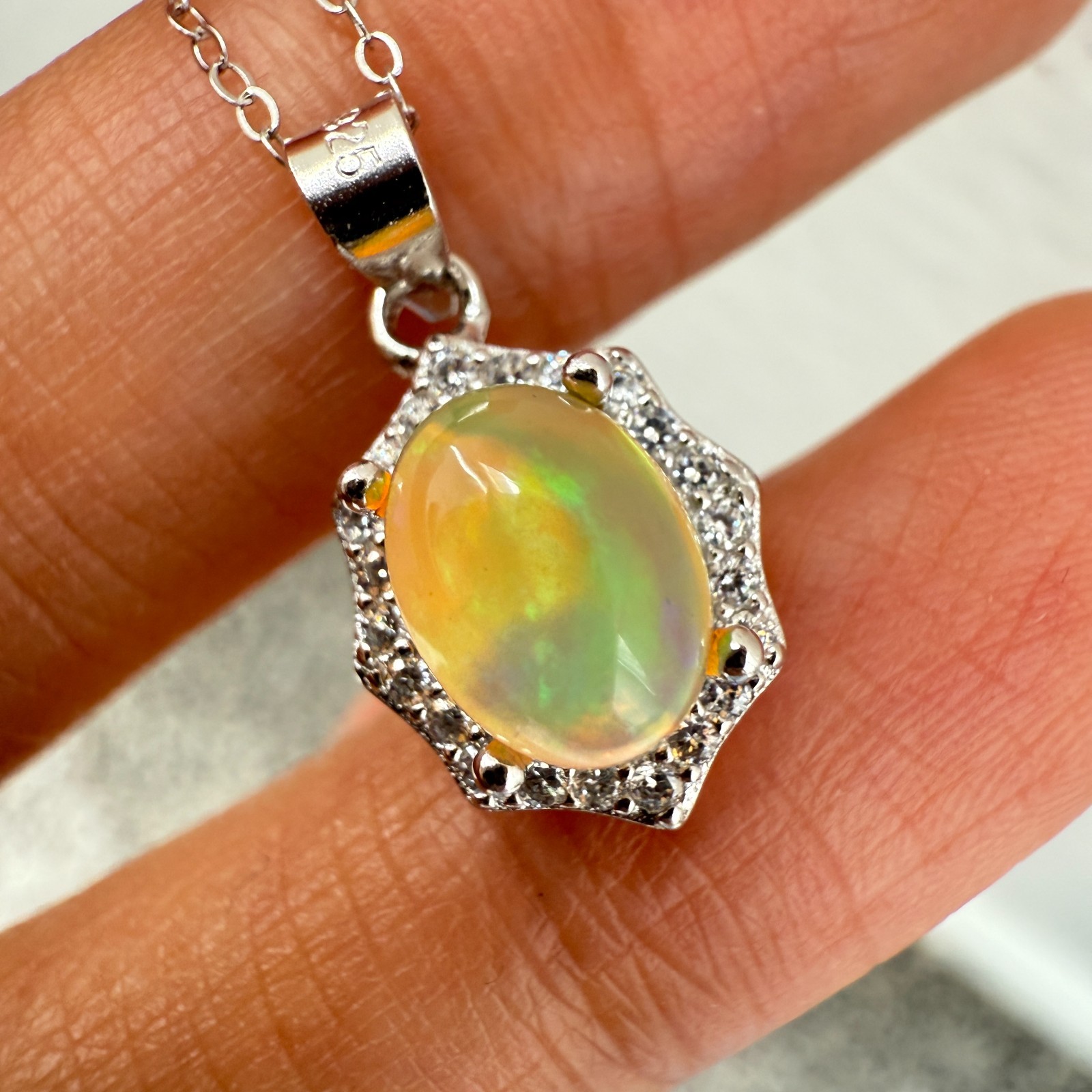 925 Sterling Silver Necklace 8x6mm Natural Opal Gemstone Zircon Flower Chain NEW
