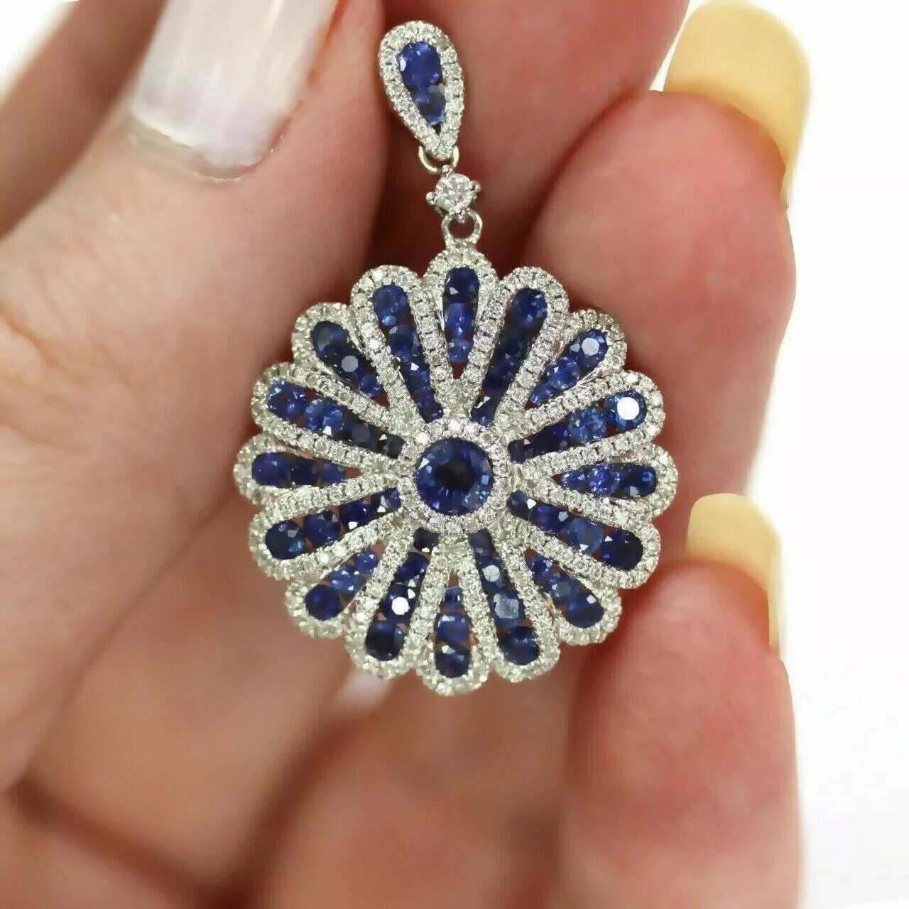 Sapphire 2Ct Lab Created Round Cut Flower Pendant 14K White Gold Finish Chain