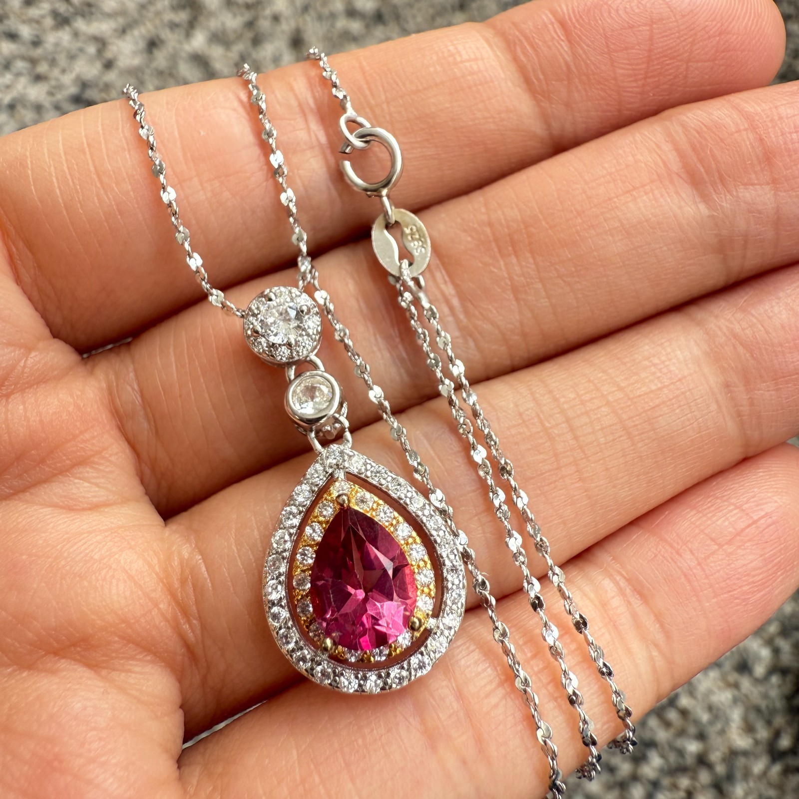 925 Sterling Silver Necklace 8x6mm Natural Pink Topaz Gemstone Zircon Teardrop