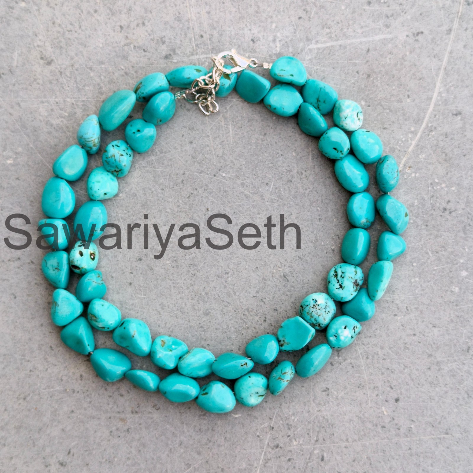 Natural Turquoise Nugget Beads Necklace, Boho Sterling Silver Clasp, December Bi