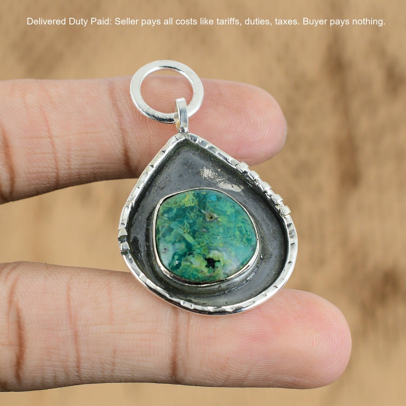 925 Sterling Silver Oval Chrysocolla Gemstone Throat Chakra Boho Pendant Jewelry