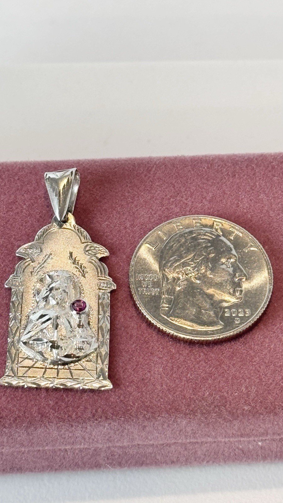 Sterling Silver 925 Santa Barbara 1 5/8in Pendant-Charm w/ Ruby / 3.5 Grams