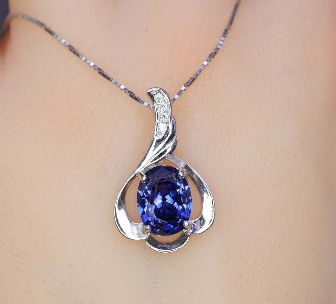 1.50Ct Oval Lab Created Tanzanite Solitaire Pendant 14K White Gold Silver Plated