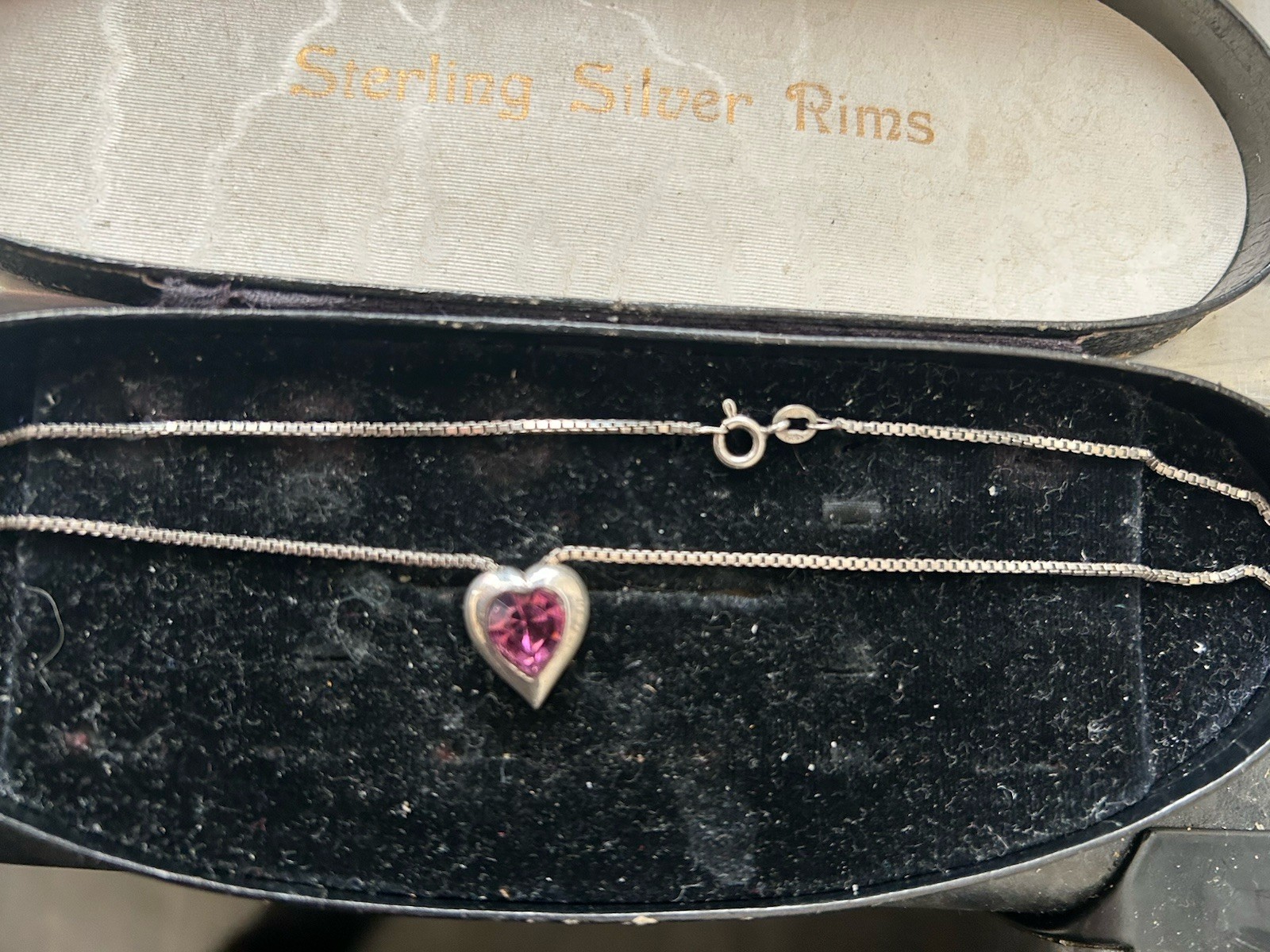 925 Silver Chain 14” With Silver Heart Pendant Unknown Purple Stone /glass