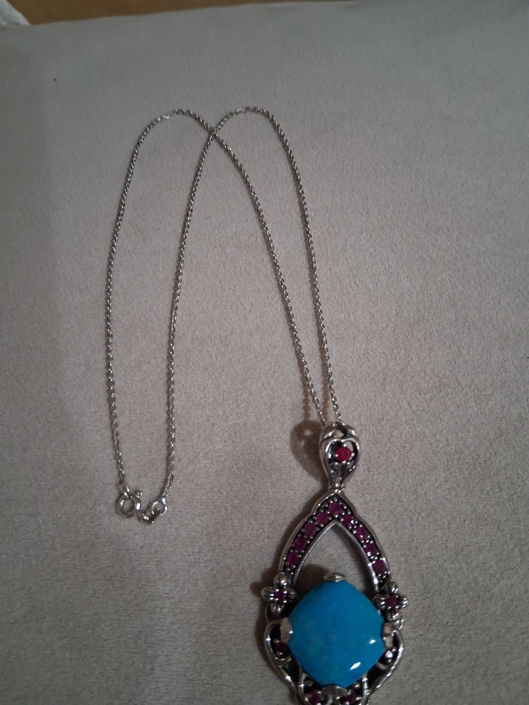 Turquoise & Garnet Sterling Silver Pendant Necklace Very Good Condition