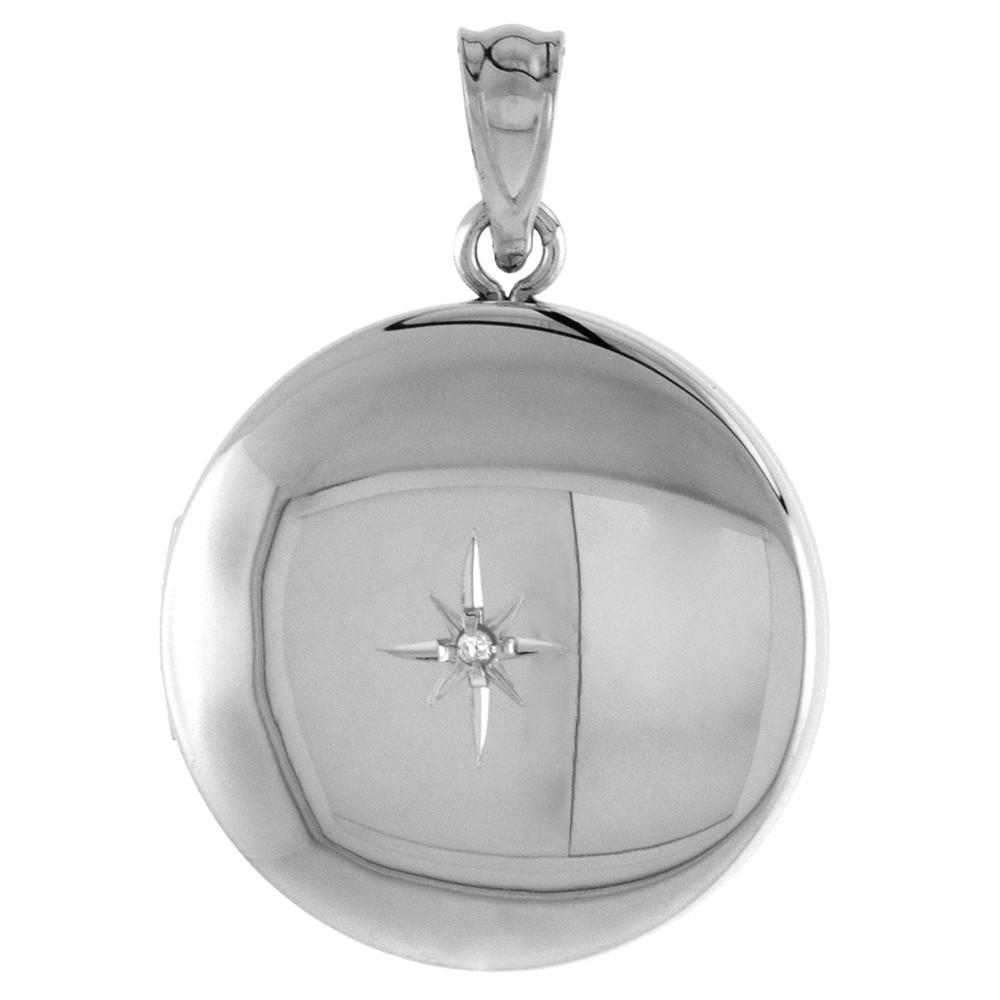 925 Sterling Silver Diamond Starburst Round Locket Pendant 3/4 Inch (19mm) Tall