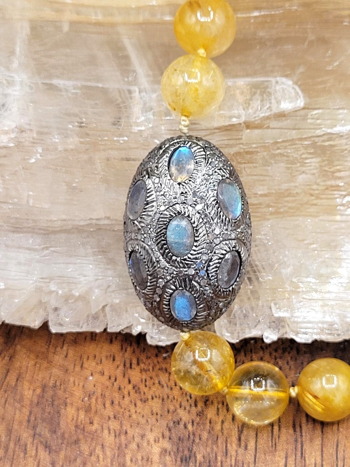 Citrine Beaded Necklace with Labradorite Pave Diamond Accent Bead