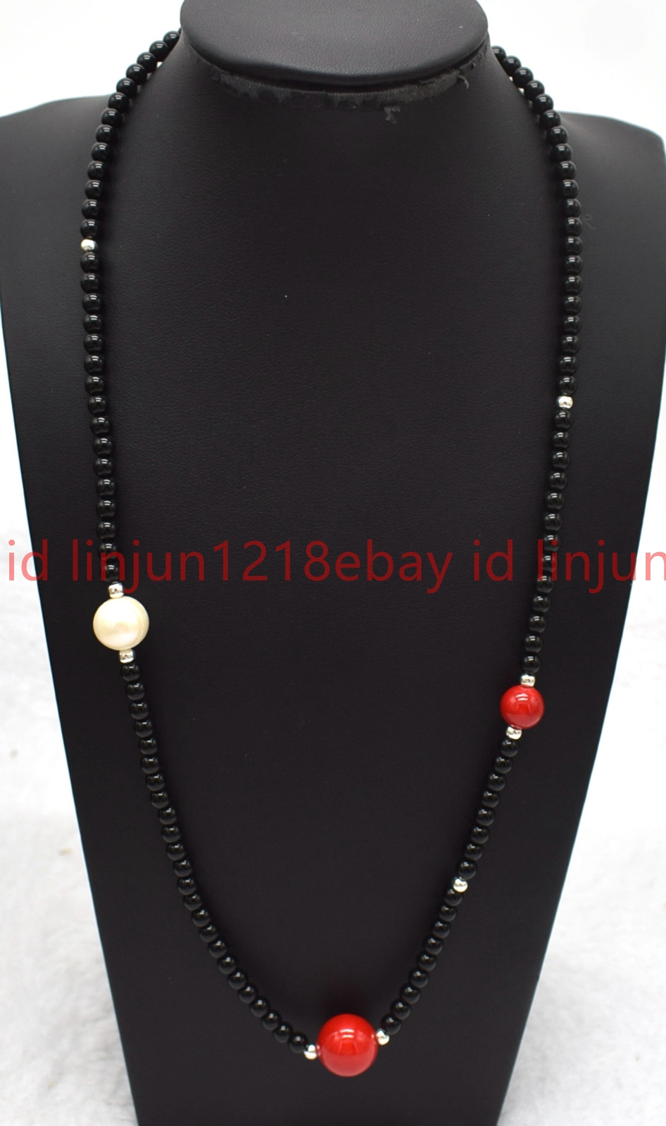 Natural 4mm Black Agate Round Gems Red Coral and White Pearl Necklace 16-28in