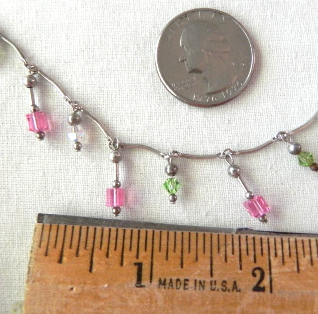 Dainty Sterling Silver Drop Station Necklace Curved Bar Link Pink crystal beads