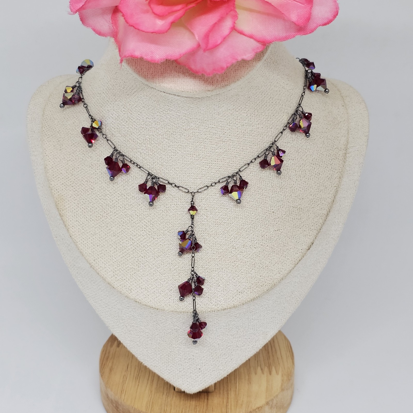 925 Oxidized Sterling Silver – Red Crystal Bead Charms Lariat Chain Necklace