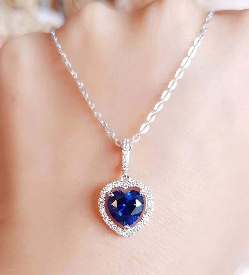 3ct Natural Sapphire Diamond Pendant 14k Solid White Gold NO CHAIN