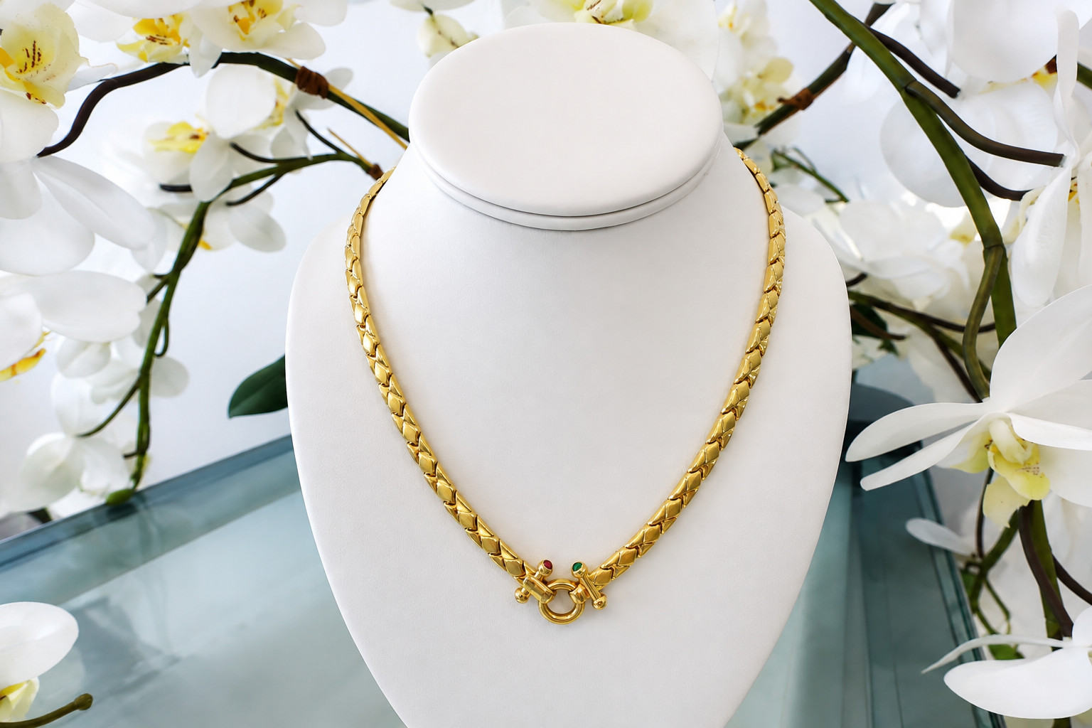 14kt Bulgari-Style Design ft Central Circle Link & Chevron-Shaped Band Necklace