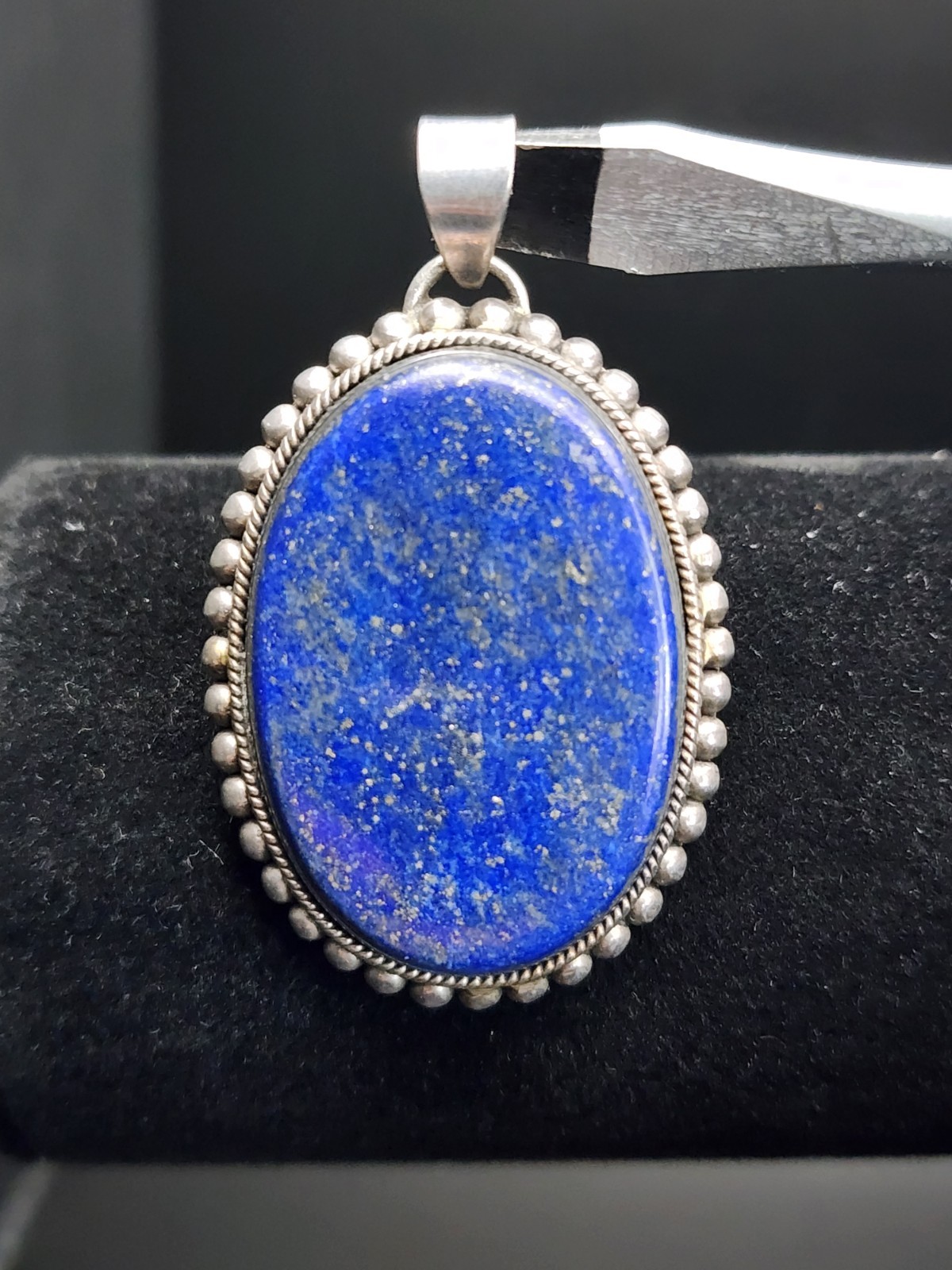 Sterling Silver 925 Dark Blue Lapis Lazuli With Gold Pyrite Oval Pendant 24 Gram