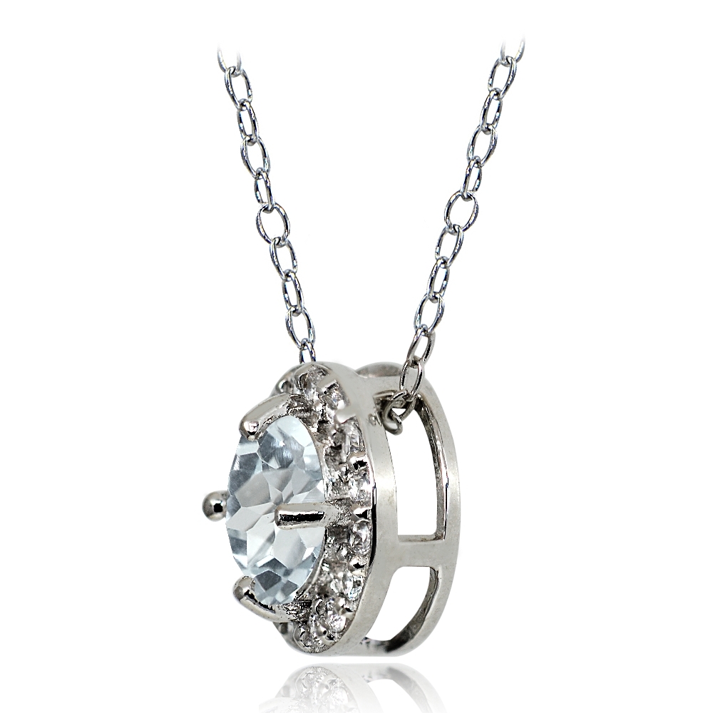 Sterling Silver Very Light Aquamarine and White Topaz Round Halo Necklace