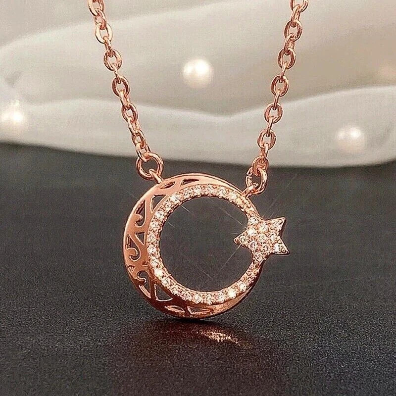 1Ct Lab Created Diamond Round Star Moon Pendant 14K Rose Gold Plated Free Chain