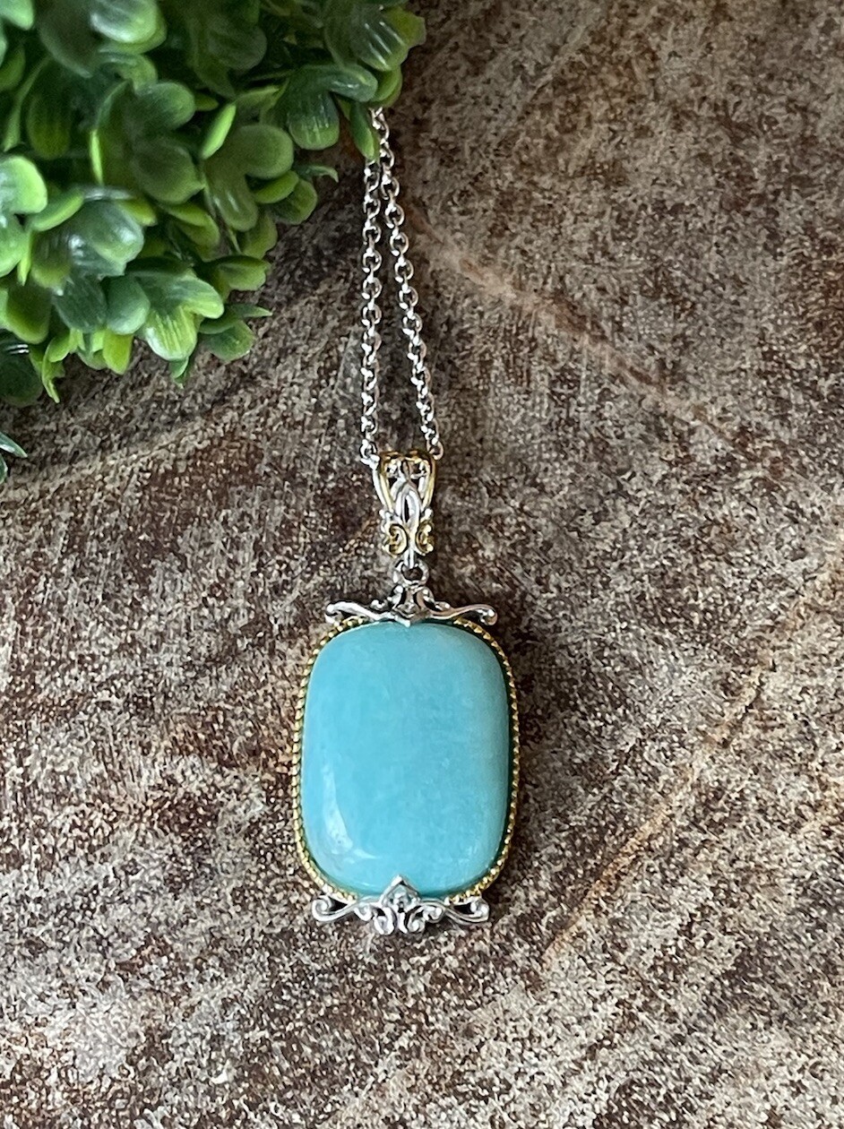 Peruvian Amazonite Cushion Cut Pendant W/Chain 925 Sterling Silver Jewelry