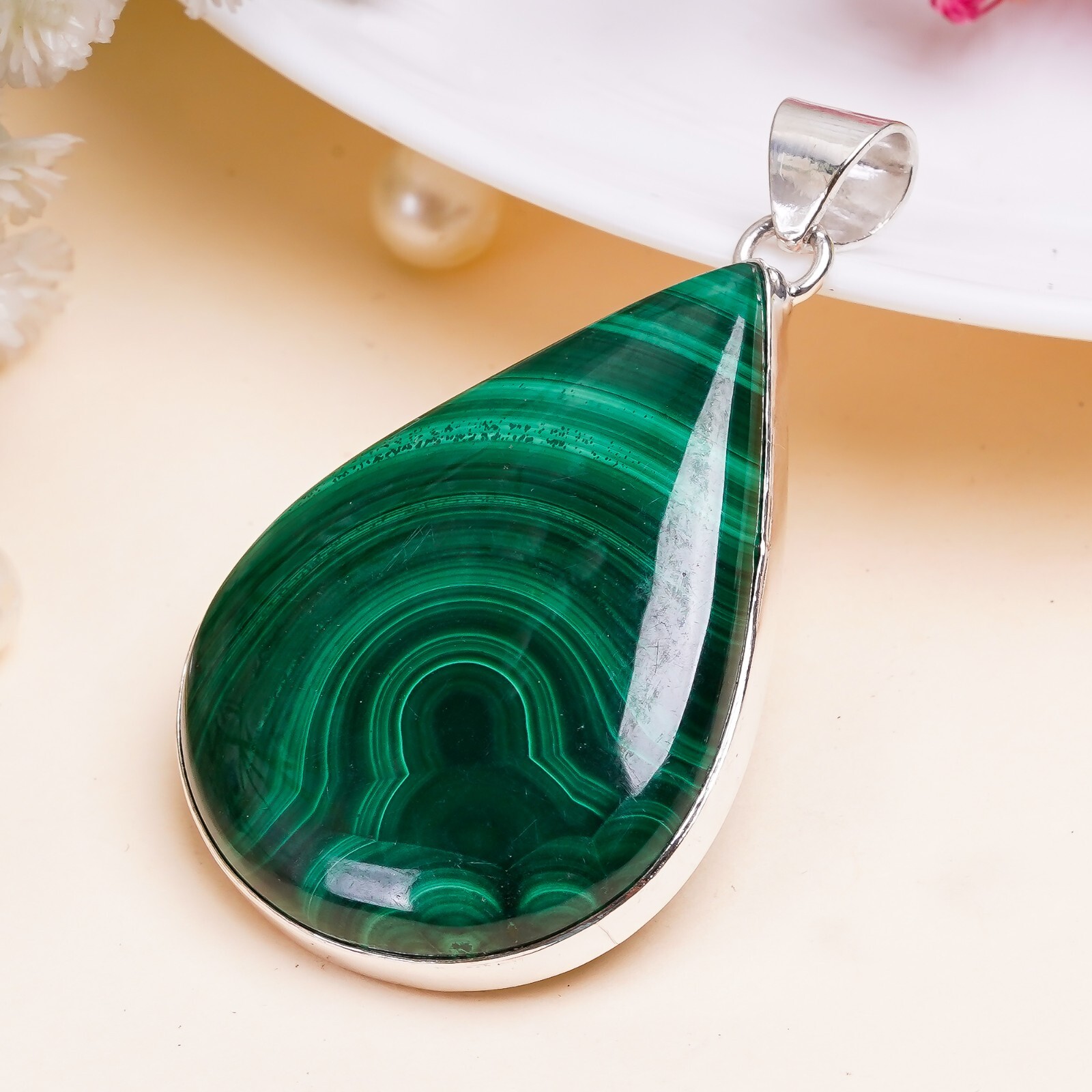 Malachite Gemstone Pendant 925 Sterling Silver Stylish Handmade Jewelry PG263