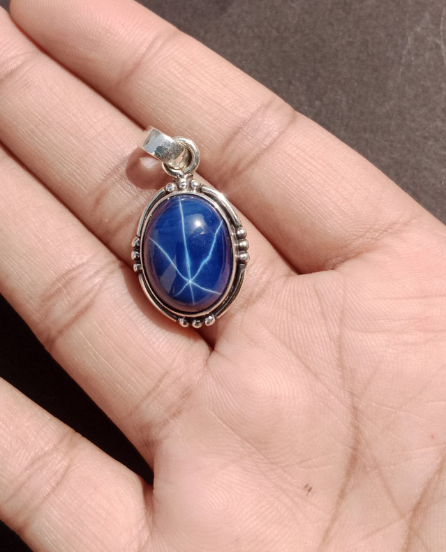 Solid 925 Sterling Silver Vintage Blue Star Sapphire Pendant For Men & Women