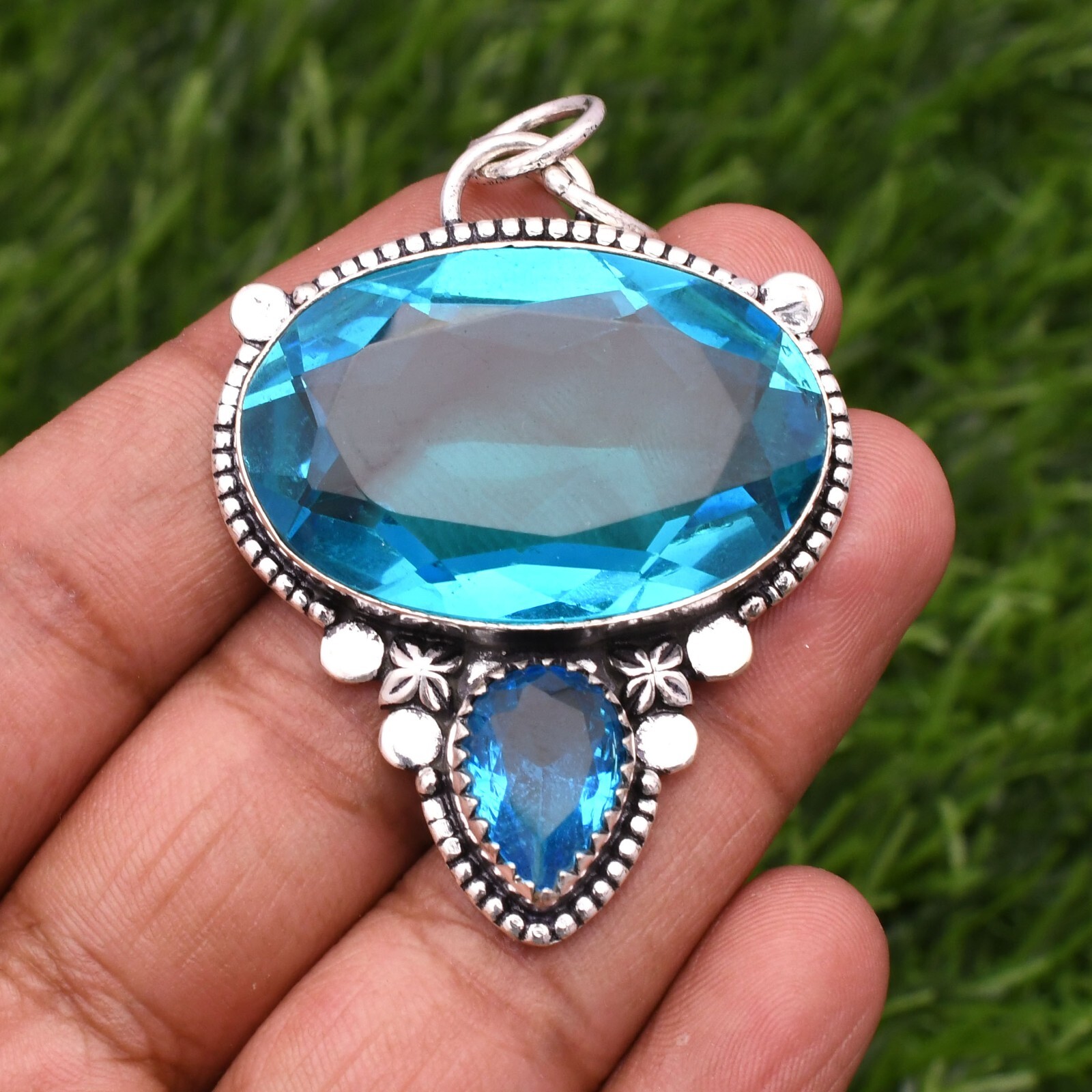 Blue Topaz 925 Sterling Silver Gemstone Handmade Jewelry Pendant 2.15″