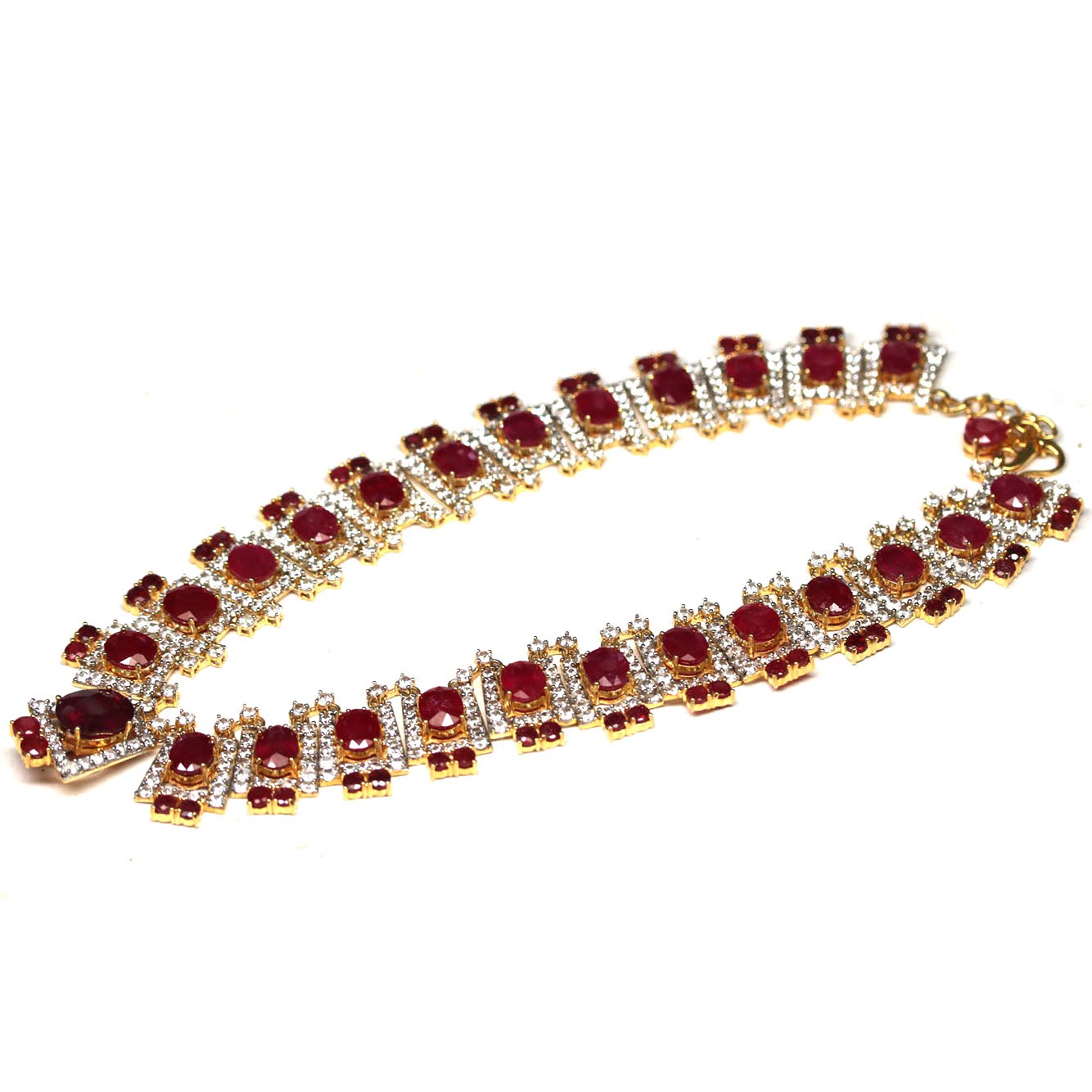 Handmade 925 Silver Red Ruby Zircon Necklace 16.5 in 18K Gold Plated