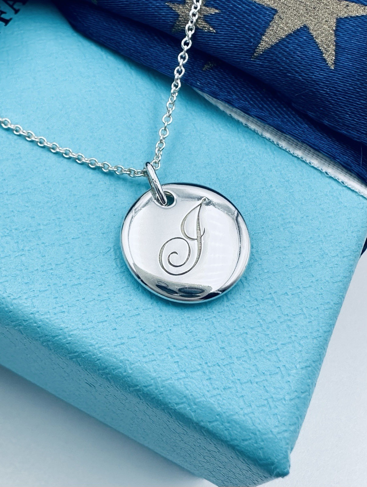Tiffany & Co. Retired Notes Letter J Disc Charm Necklace 16” in Silver w Pouch