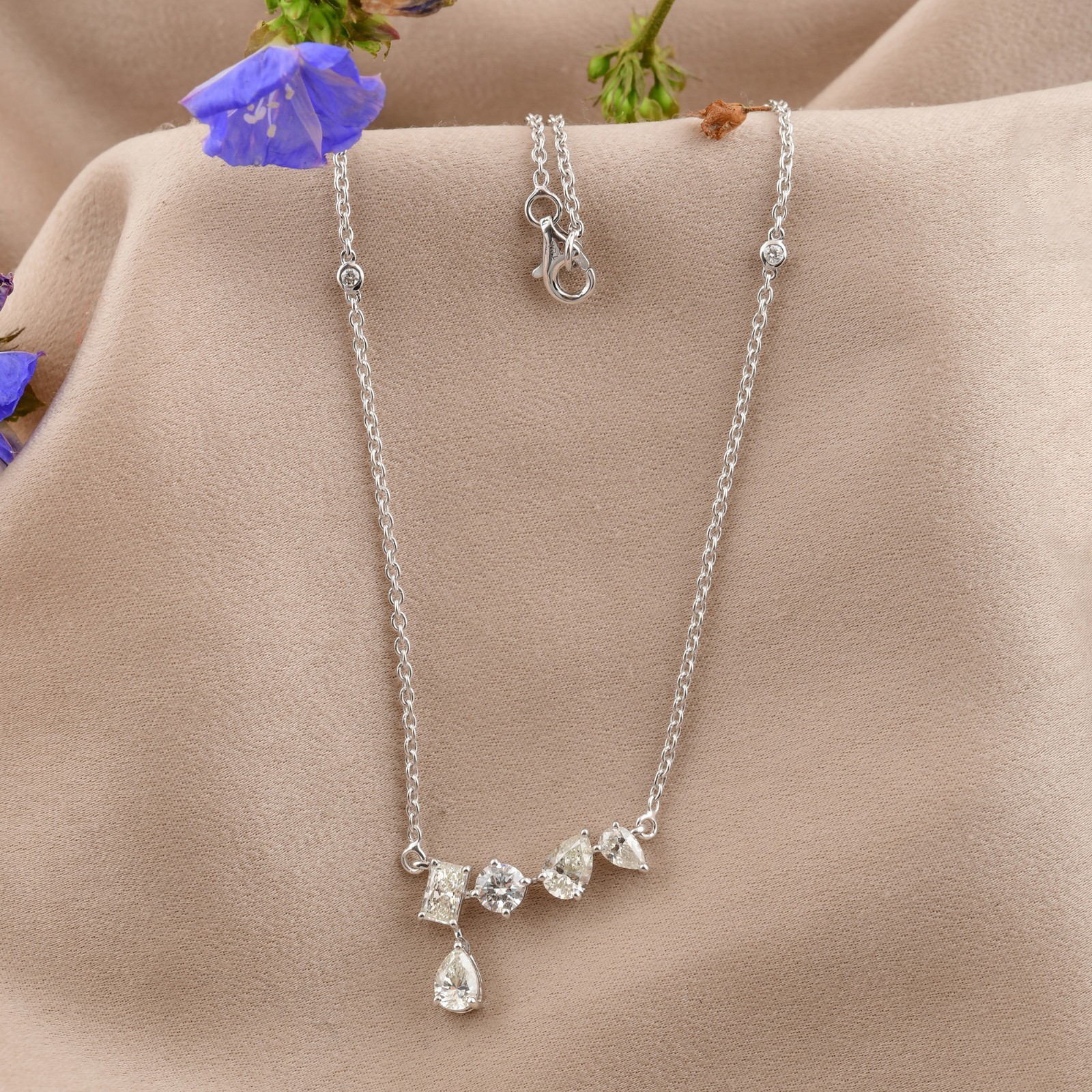 Festive Season ! Multi Cut Pendant Natural & Diamond Chain 18″ 14k White Gold