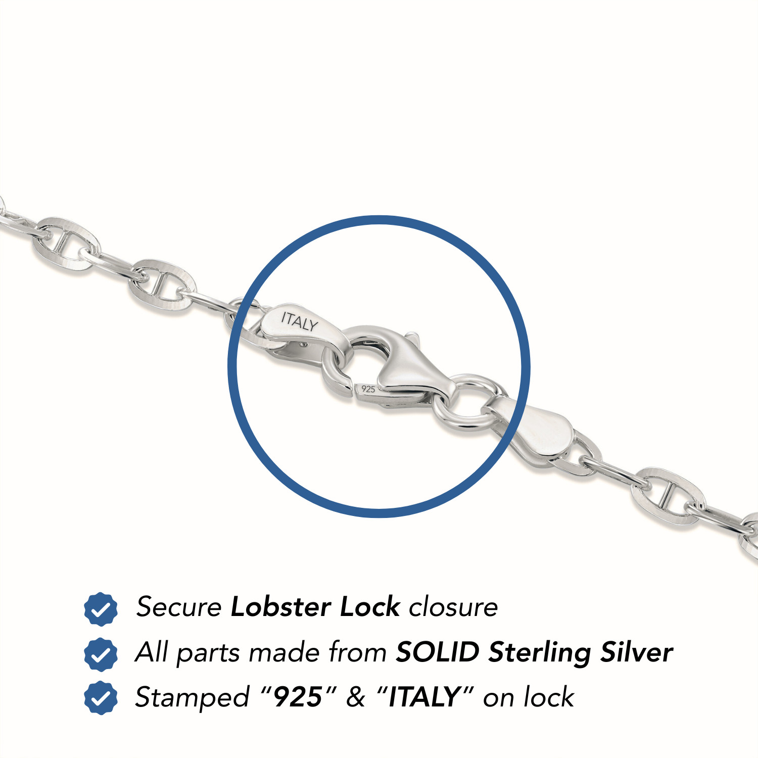 Solid 925 Sterling Silver 2.75mm Anchor Mariner Chain Italian Necklace 16″-20″