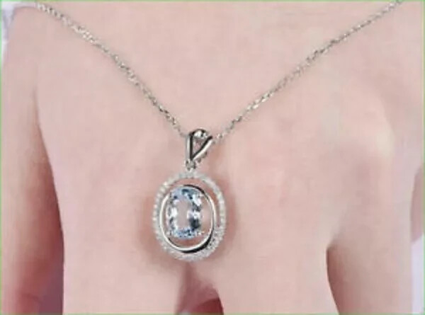 2.00Ct Oval Cut Aquamarine Halo Pendant 14K White Gold Finish 18″ Free Chain