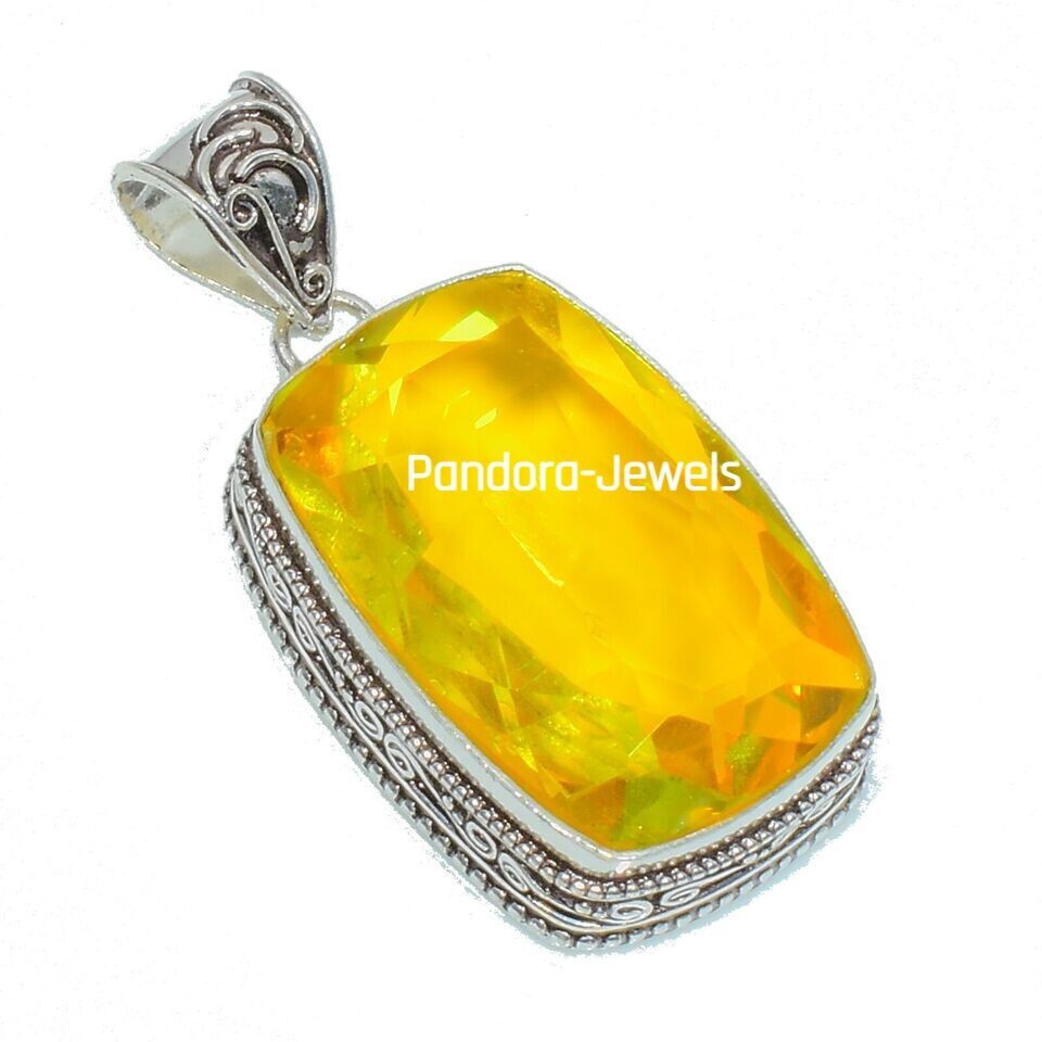 Yellow Citrine Gemstone Handmade 925 Sterling Silver Cushion Cut Jewelry Pendant