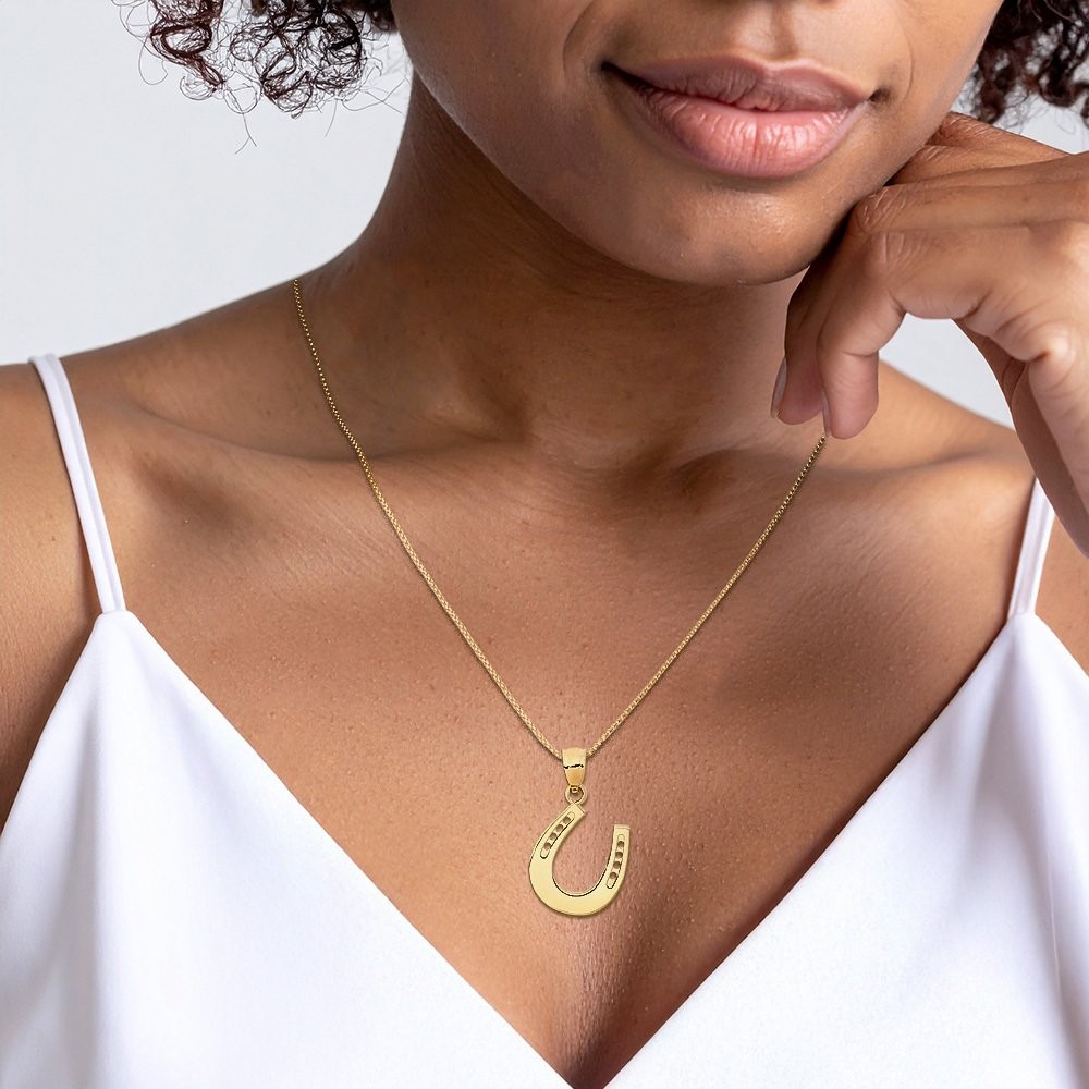 14K Solid Yellow Gold Extra Large Horseshoe Pendant Necklace 39mm 1-1/2 inch
