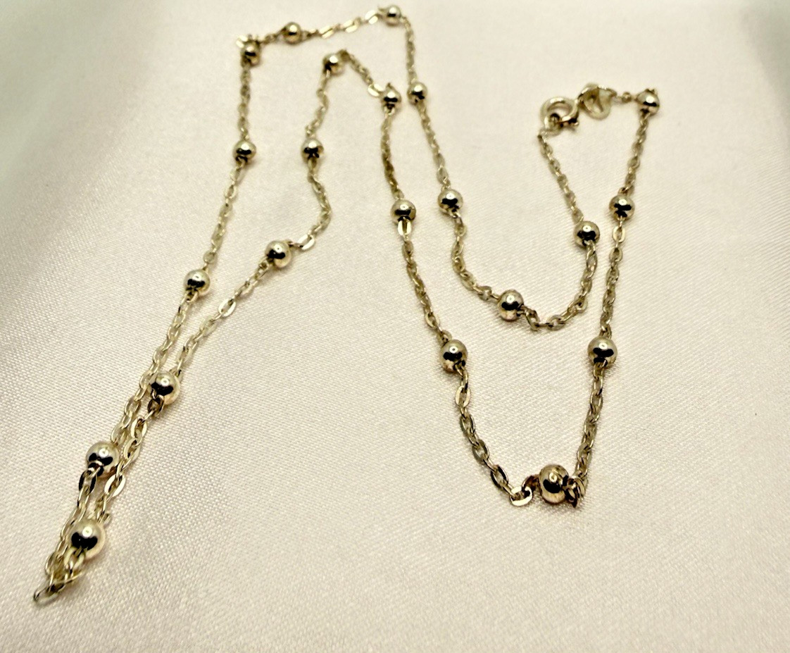 Vintage Italy 925 Sterling Silver 2mm Cable 3mm Bead Station Necklace 18″