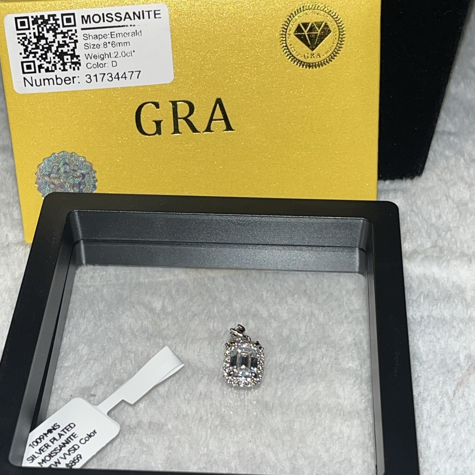 Moissanite Necklace Pendant 2.0 Ct Emerald Cut Brilliant D GRA Silver