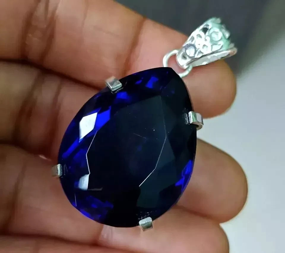 Natural 30 Ct Blue Sapphire Pear Cut 925 Silver Pendant Certified Loose Gemstone