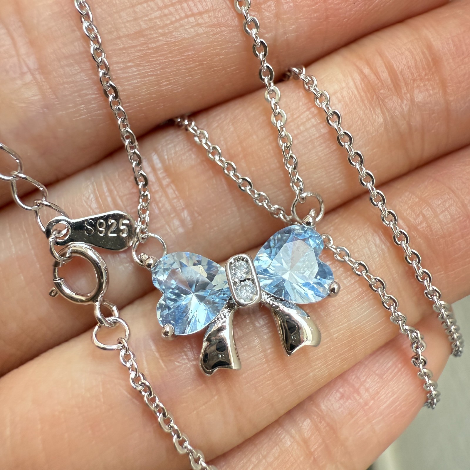 925 Sterling Silver Necklace 6mm Heart Natural Topaz Gemstone Zircon Chain Bow