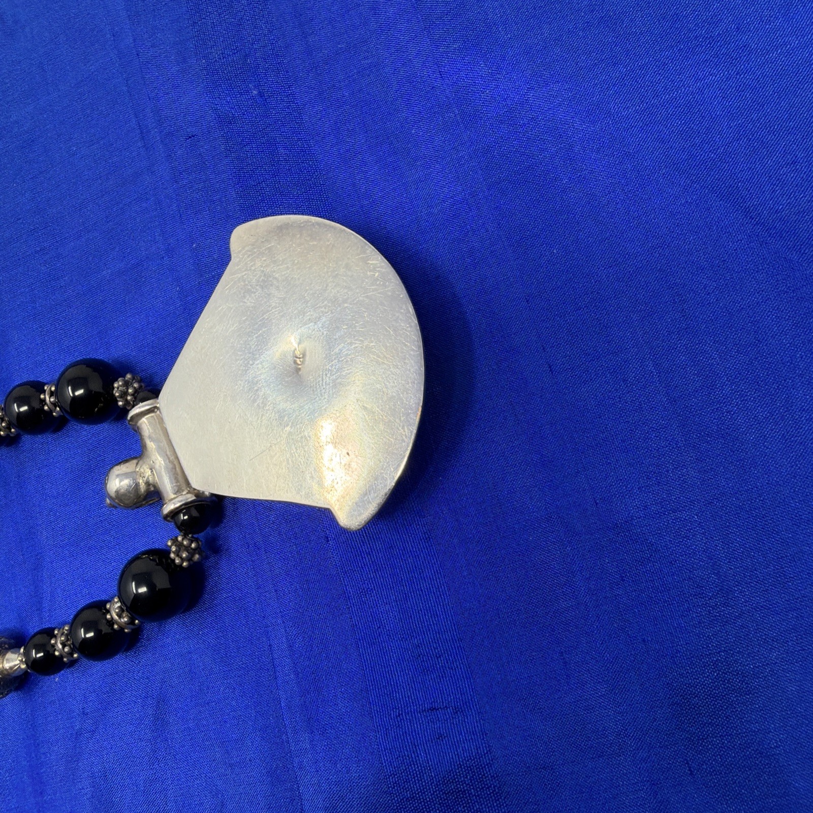 Sterling Silver 925 Black Onyx Beaded Bali Bead Necklace Large Pendant 17” 82.3g