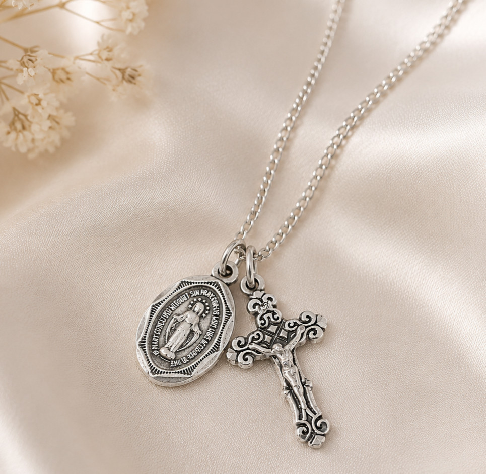 Sterling Silver Miraculous Medal and INRI Crucifix Double Pendant Necklace