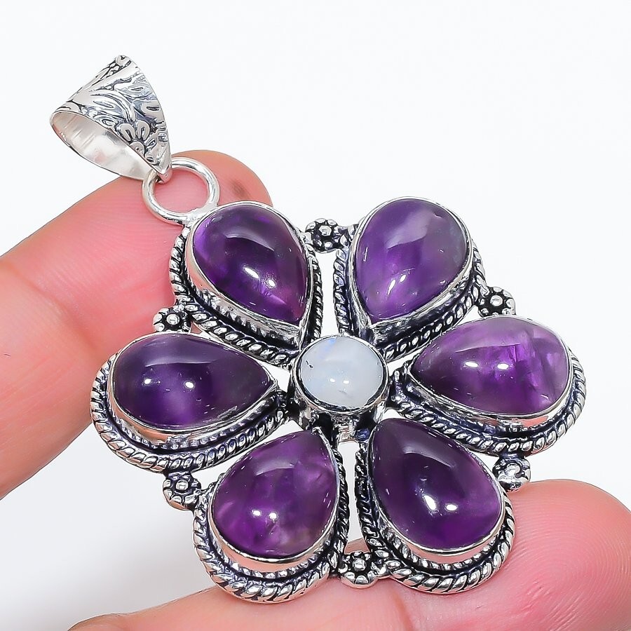 Natural Amethyst Gemstone Handmade 925 Sterling Silver Jewelry Pendant Size 2.5″