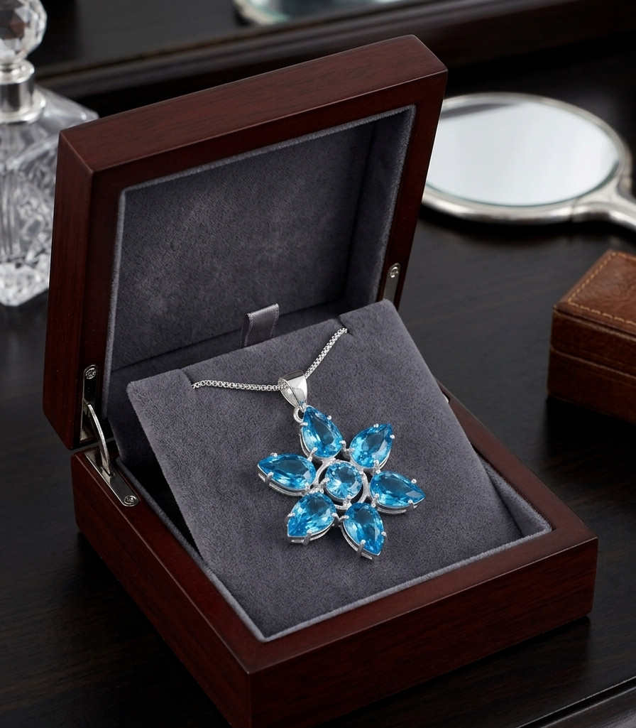 Swiss Blue Topaz Gemstone Floral Pendant 925 Sterling Silver Jewelry S-1.20″