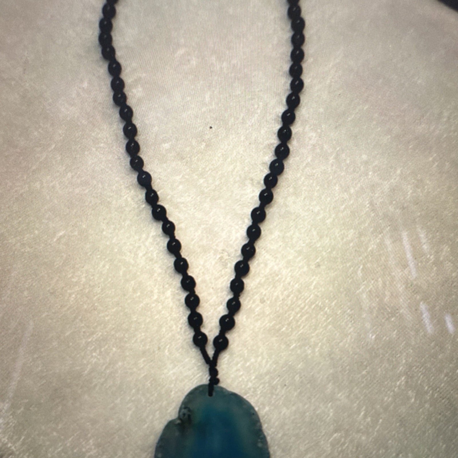 Blue Agate Slice Pendant Necklace |18″ Beaded Chain Asymmetrical Stone